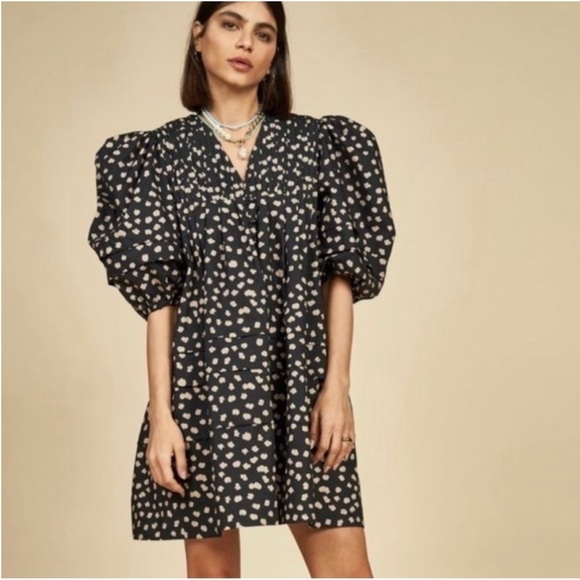 Hunter Bell Jenkins Mini Dress in Desert Poppy Print Puff Sleeves Black Tan Dot - Picture 1 of 14